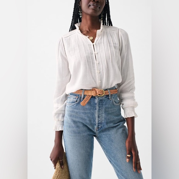 Faherty Willa Button Front Organic Cotton Ruffle Collar Embroidered White Top 22 - Picture 8 of 11